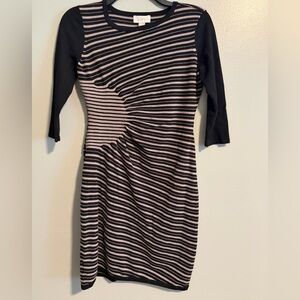 LOFT Black Taupe Asymmetrical Cinch Ruched Fine Sweater Knit Dress 3/4 sleeve SP